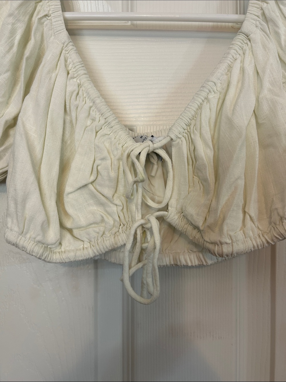 Cropped Cream Peasant Tie-Front Women’s Top - Picture 3 of 5